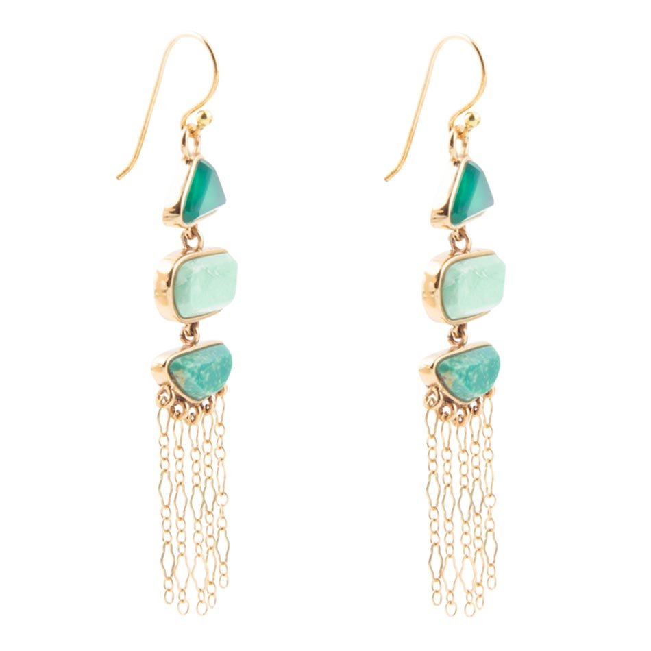 Green multi-stone earrings by Barse Jewelry featuring golden drop design and vibrant, colorful stones for a stylish look.