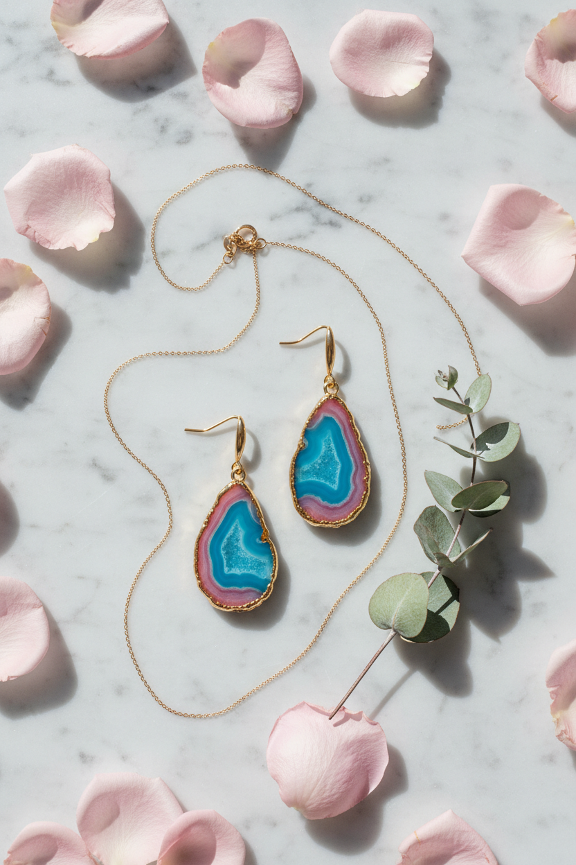 Barse Jewelry Barcelona turquoise and pink agate drop earrings with boho gold accents, showcasing vibrant gemstone details.