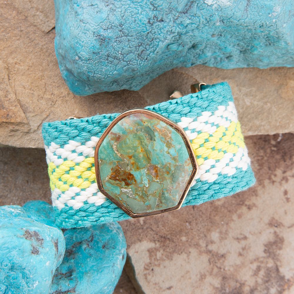 Blue turquoise woven bracelet by Barse Jewelry featuring intricate textile craftsmanship and vibrant, handcrafted design.