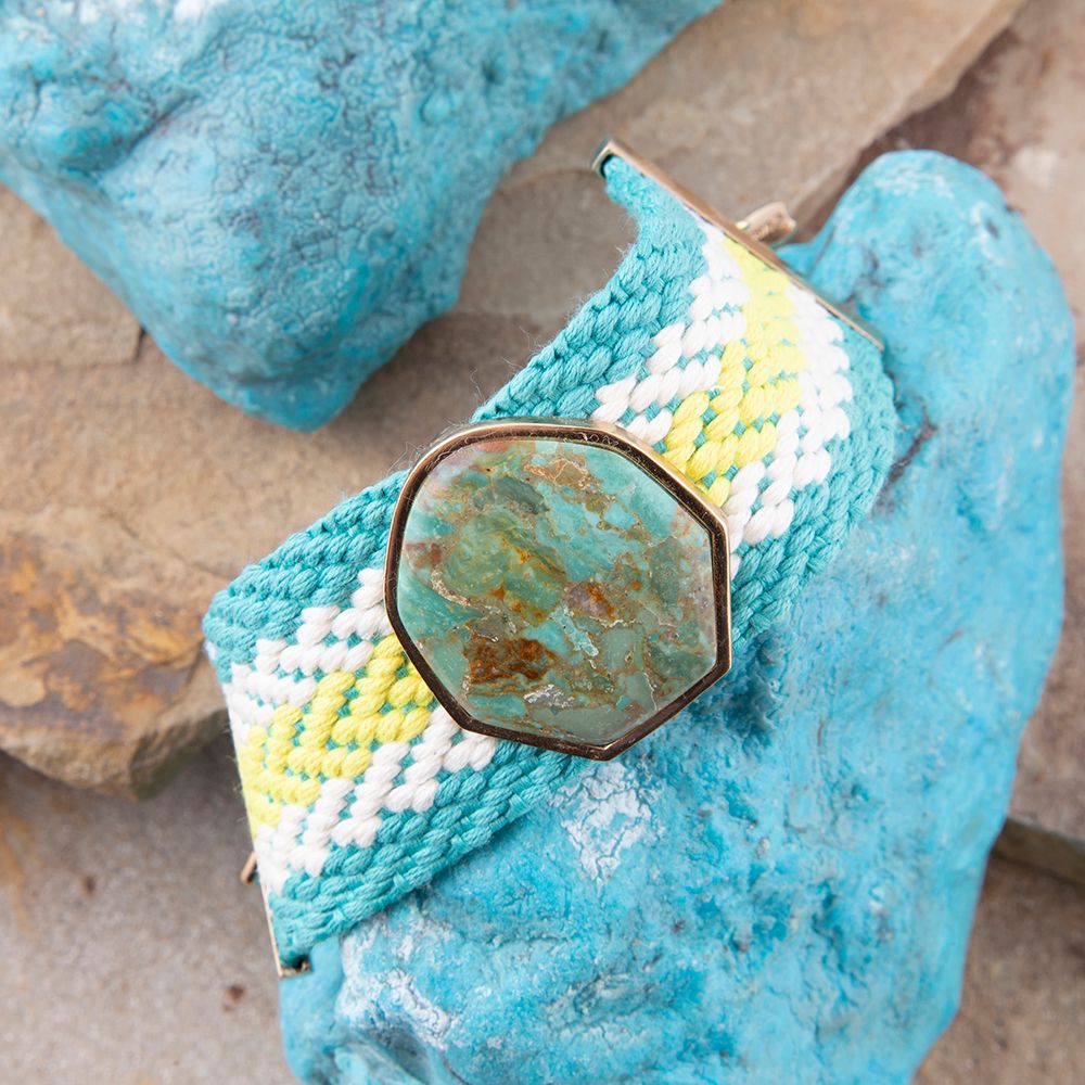 Blue turquoise woven bracelet from Barse Jewelry featuring intricate textile design and handmade craftsmanship.