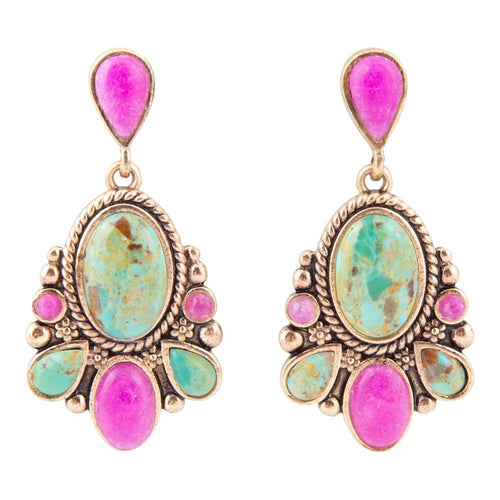 Barse Jewelry Barcelona turquoise and pink agate drop earrings with boho gold dangle design and colorful stone accents.