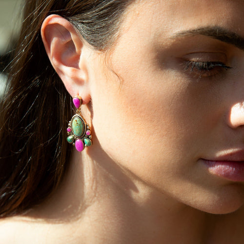 Barcelona Turquoise and Pink Agate Drop Earrings by Barse Jewelry featuring boho gold-tone earrings with colorful agate stones.