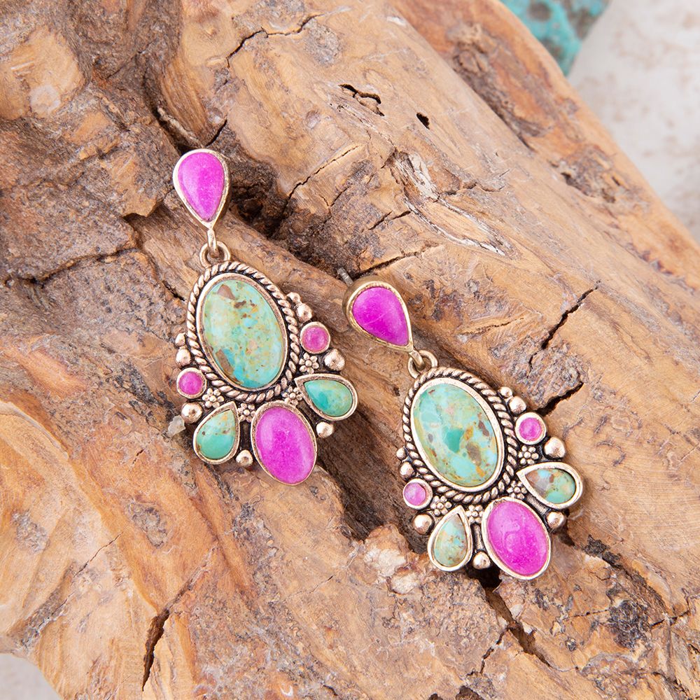 Barse Jewelry Barcelona turquoise and pink agate drop earrings with boho gold accents and handcrafted gemstone details.
