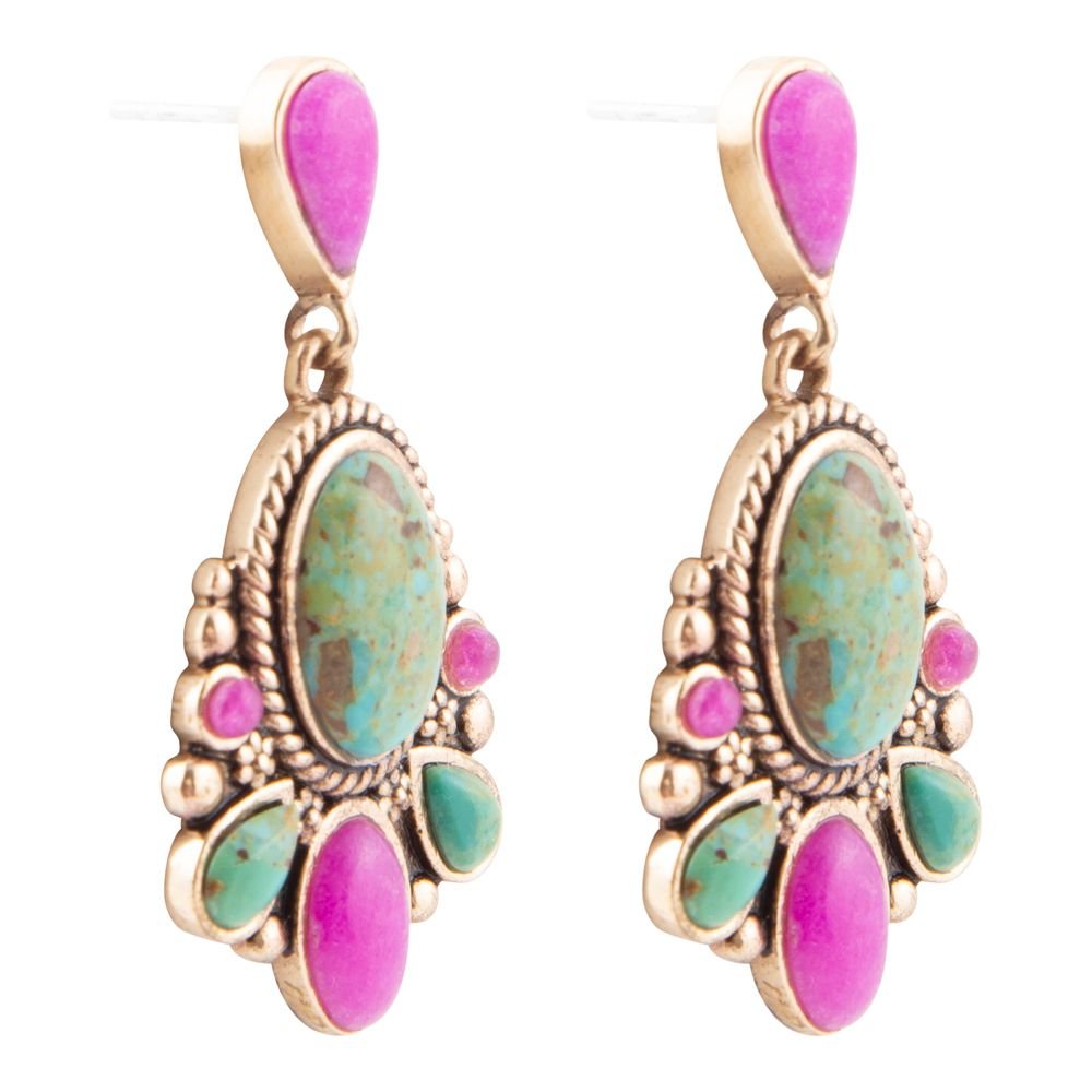 Barcelona Turquoise and Pink Agate drop earrings by Barse Jewelry featuring boho gold earrings with colorful gemstone accents.