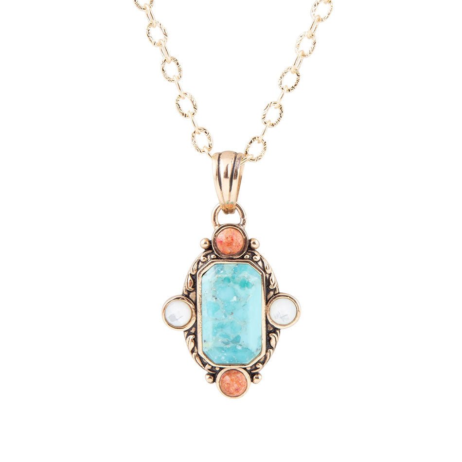 Barse Jewelry turquoise and orange coral pendant earrings with gold accents, featuring vibrant blue and coral design.