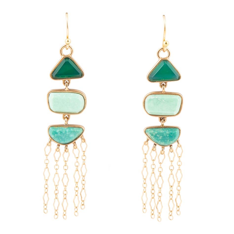 Barse Jewelry green multi-stone drop earrings with gold-tone accents, featuring vibrant stones and elegant dangling design.