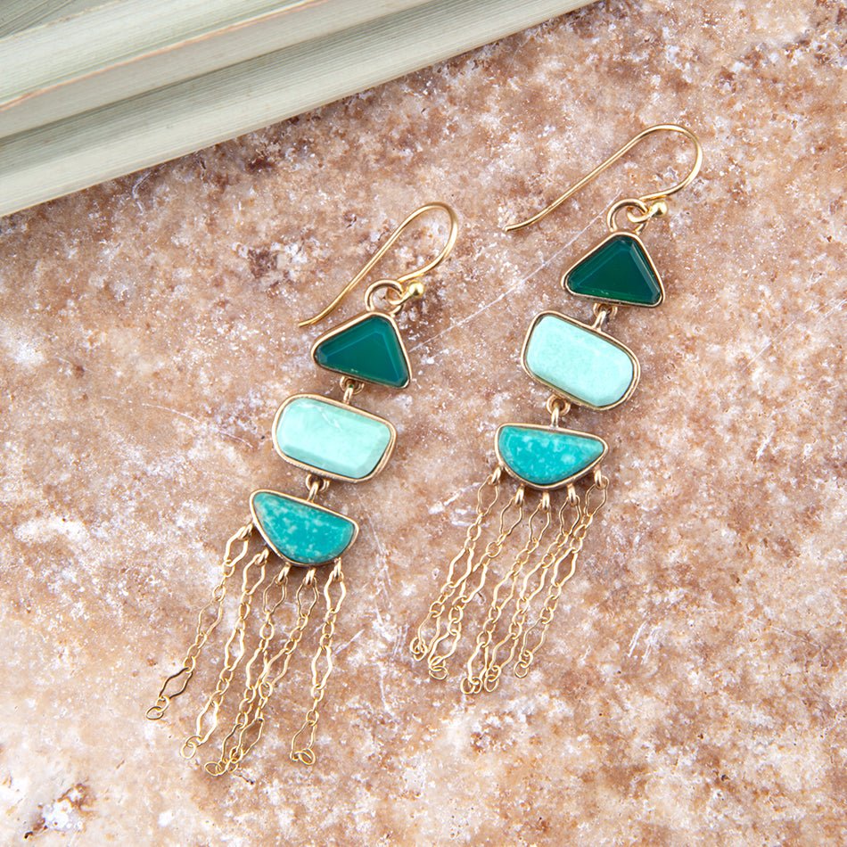 Barse Jewelry green multi-stone drop earrings with gold-tone setting, featuring vibrant stones and elegant dangling design.