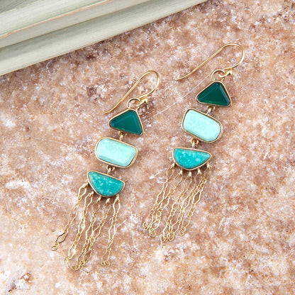Barse Jewelry green multi-stone drop earrings with gold-tone setting, featuring vibrant stones and elegant dangling design.