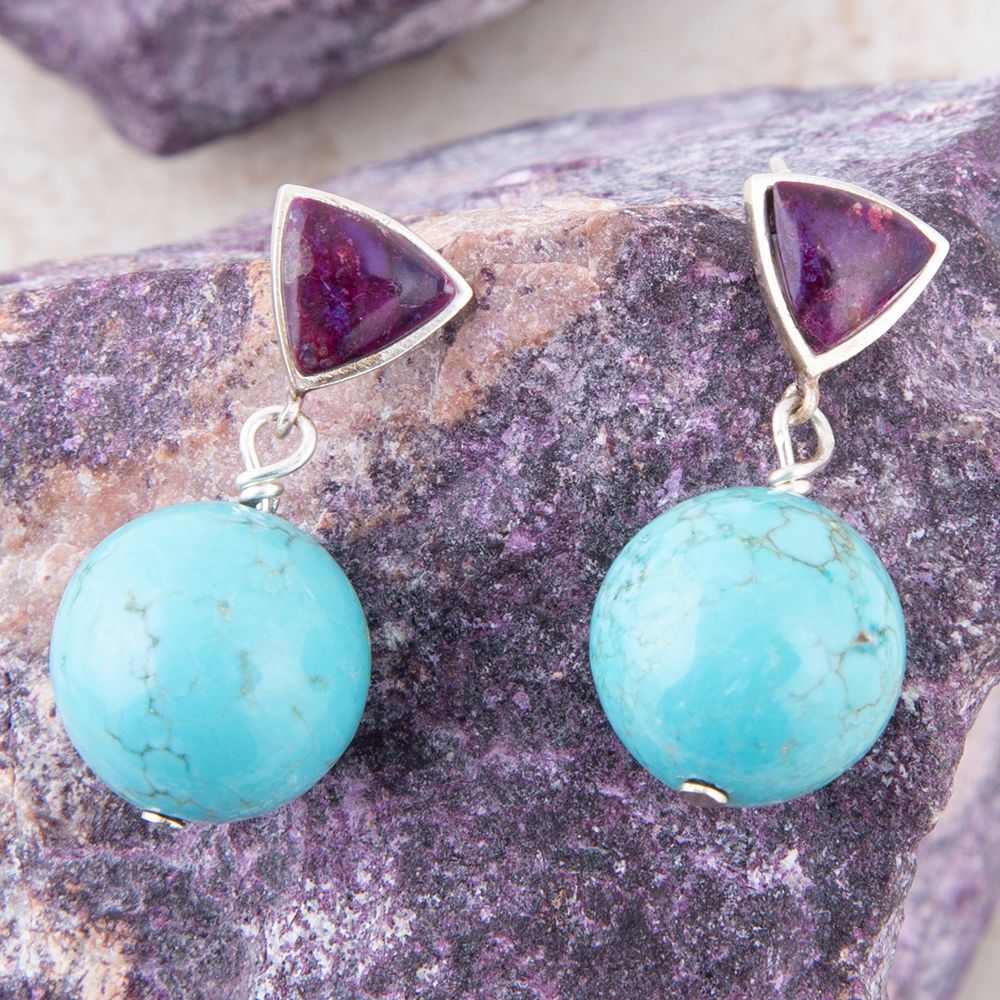 Prescott purple turquoise sterling silver drop earrings by Barse Jewelry featuring vibrant purple and turquoise stones.