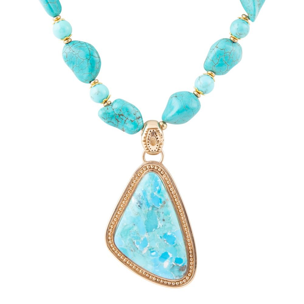 Blue turquoise triangle pendant necklace with gold accents from Barse Jewelry, featuring a stylish and elegant jewelry piece.
