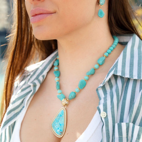 Blue turquoise triangle pendant necklace with gold accents from Barse Jewelry, showcasing a stylish and vibrant jewelry piece.