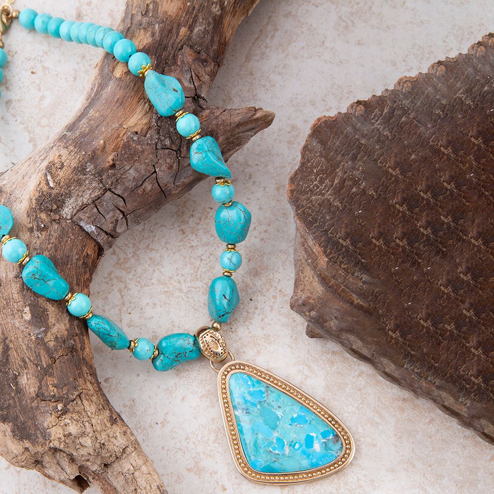 Blue turquoise triangle pendant necklace with gold accents from Barse Jewelry, featuring a stylish and elegant jewelry piece.