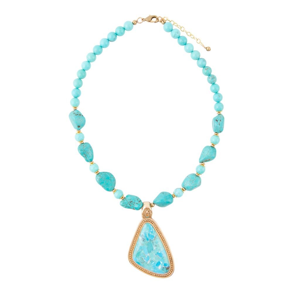 Blue turquoise triangle pendant necklace by Barse Jewelry featuring a gold chain and geometric design.