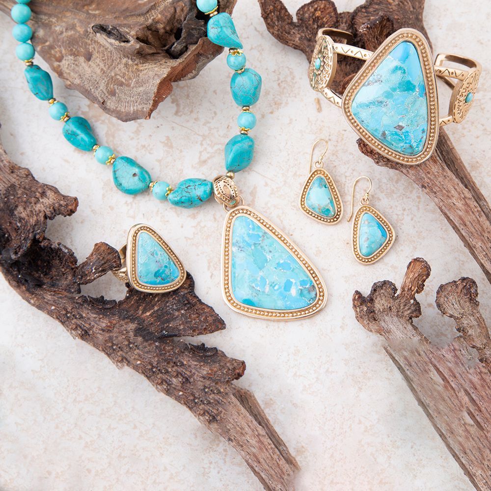 Blue turquoise triangle pendant necklace with gold accents from Barse Jewelry, featuring a stylish and elegant design.