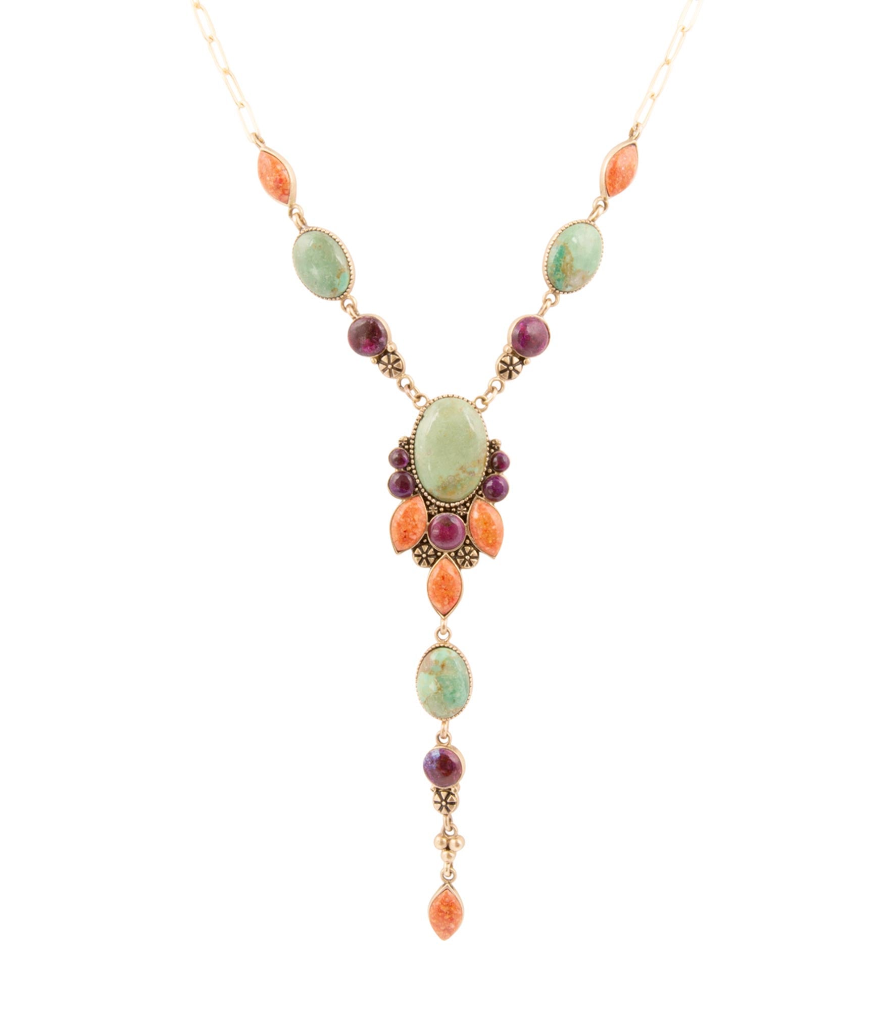 Regalia Turquoise & Coral Y Necklace – Boho Multi-Stone Gold Necklace