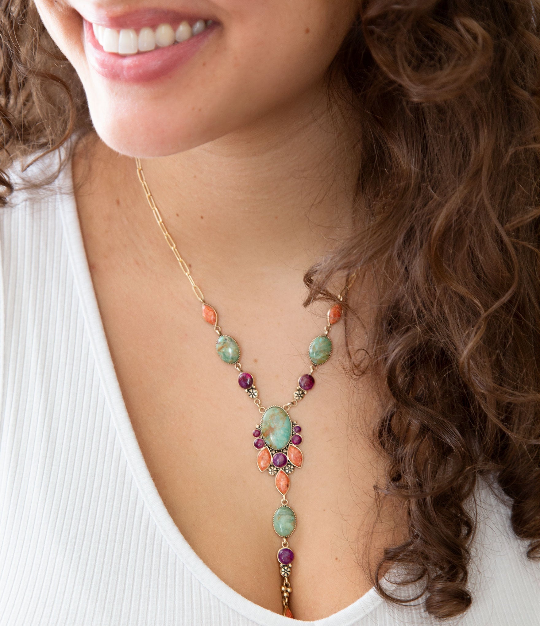 Regalia Turquoise & Coral Y Necklace – Boho Multi-Stone Gold Necklace