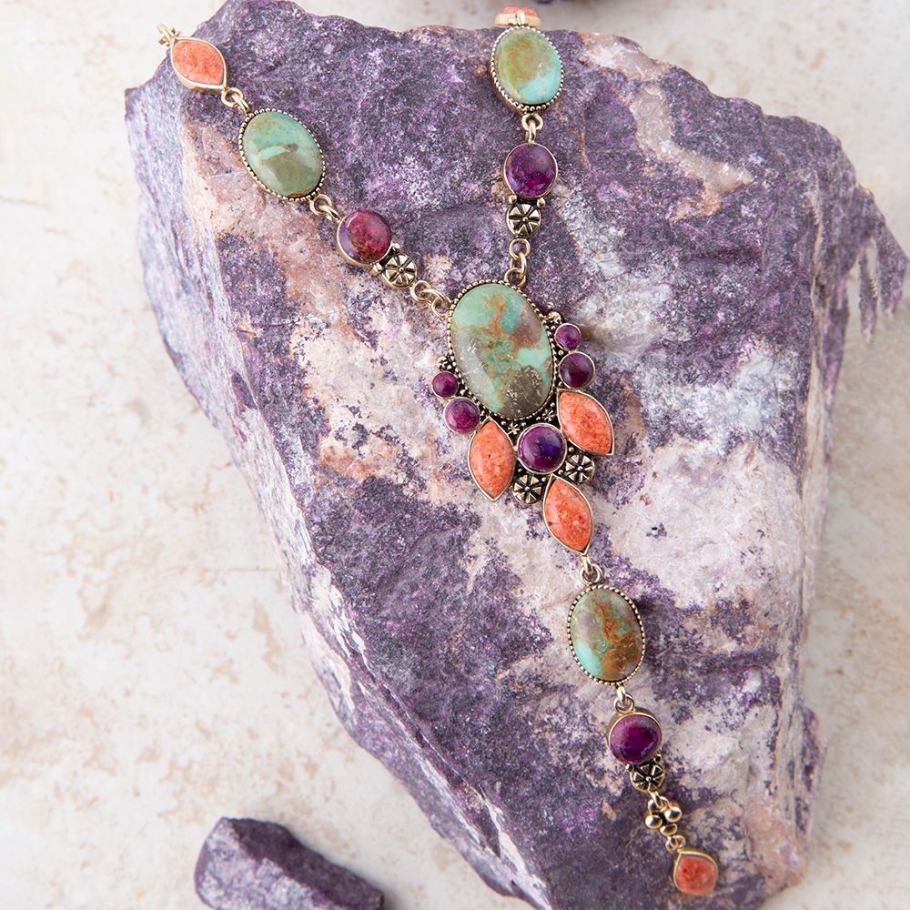 Regalia Turquoise & Coral Y Necklace – Boho Multi-Stone Gold Necklace