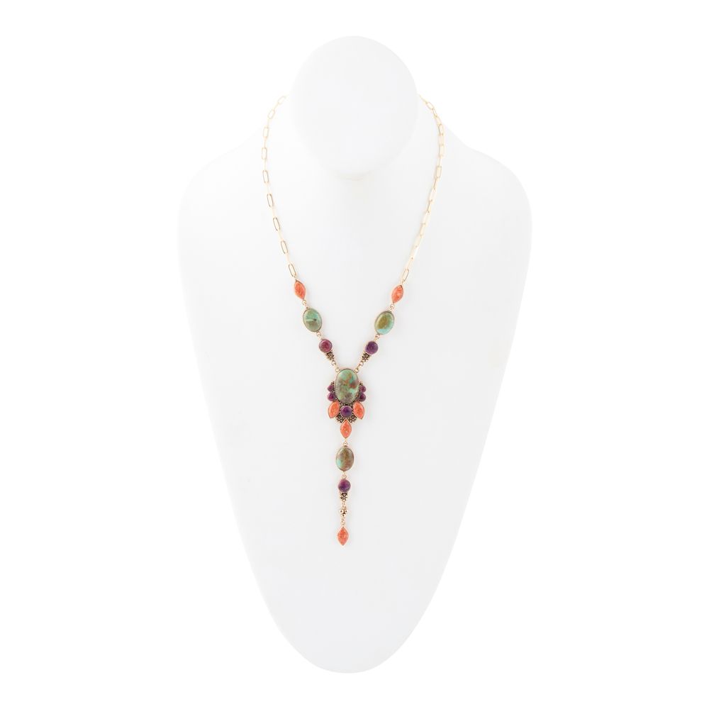 Regalia Turquoise & Coral Y Necklace – Boho Multi-Stone Gold Necklace