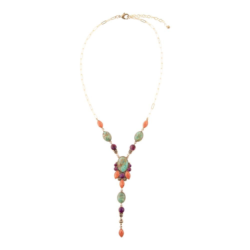 Regalia Turquoise & Coral Y Necklace – Boho Multi-Stone Gold Necklace