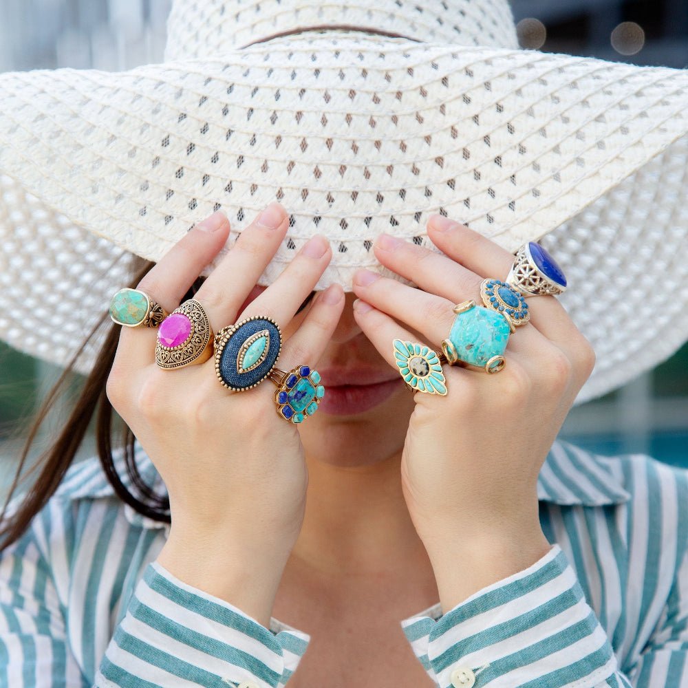 Blue turquoise rhombus statement ring by Barse Jewelry featuring bold geometric design and vibrant gemstone accents.