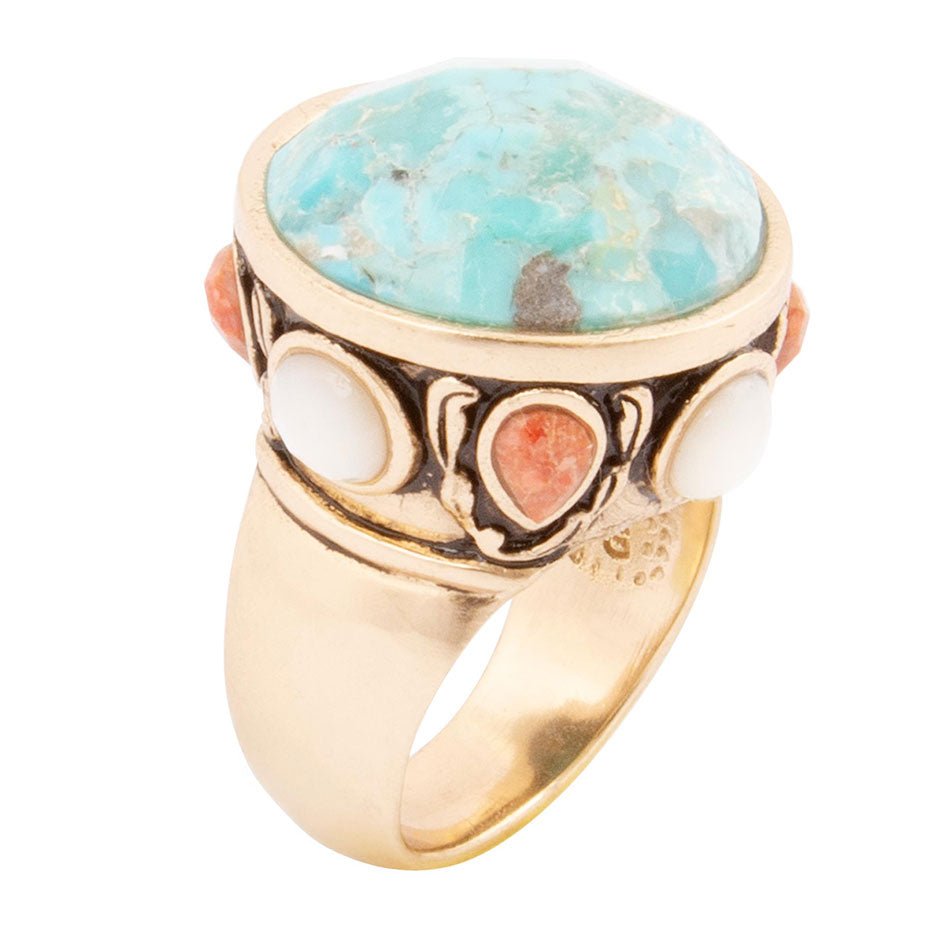 Barse Jewelry Champs Blue Turquoise and Coral statement ring featuring vibrant turquoise and coral stones in a bold gold setting.