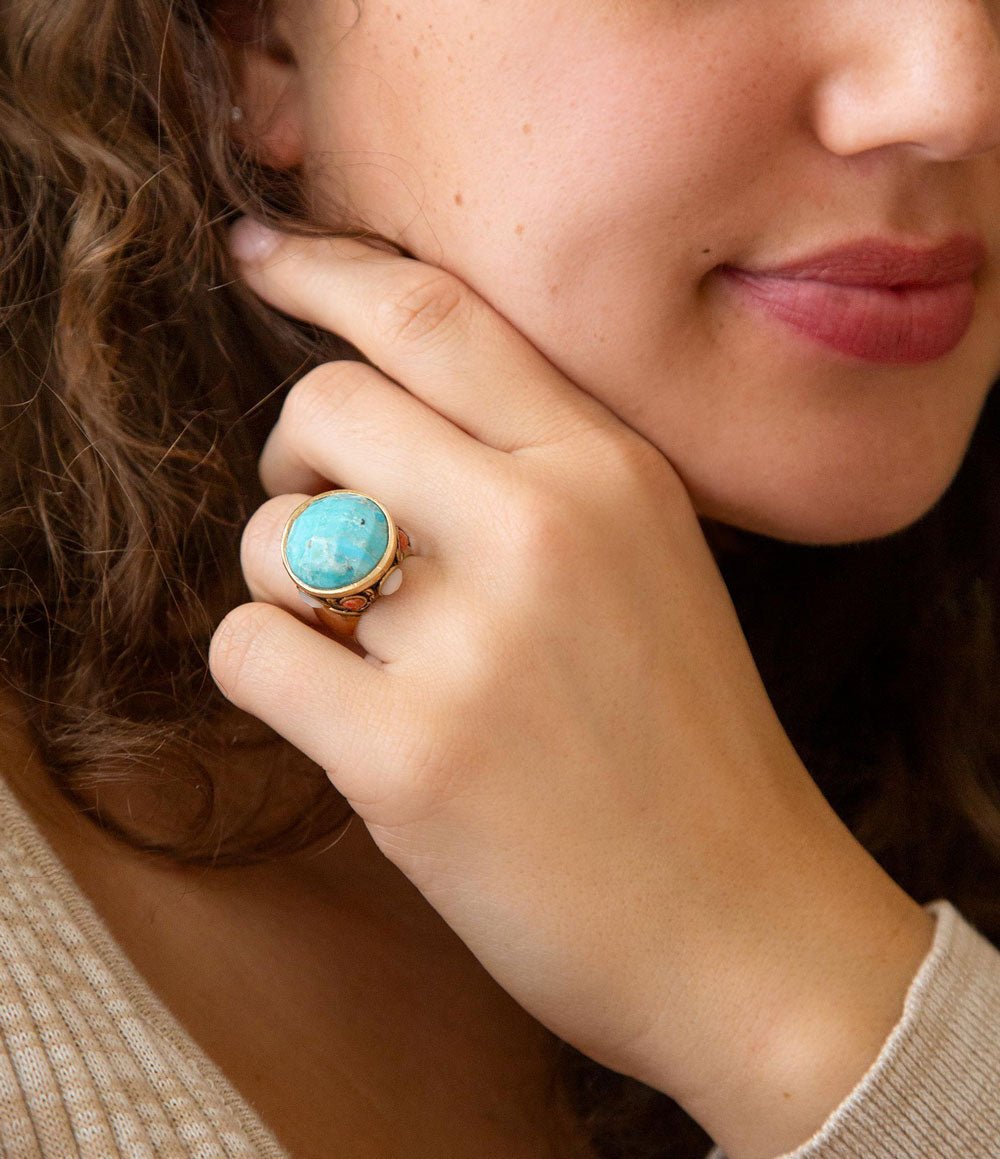 Barse Jewelry blue turquoise and coral statement ring with gold accents, showcasing vibrant colors and bold design.