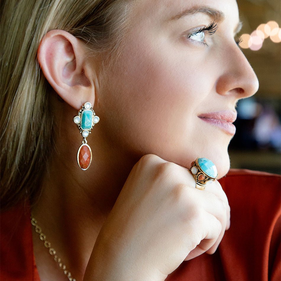 Barse Jewelry Champs blue turquoise and coral statement ring with gold accents, showcasing vibrant gemstone design and bold style.