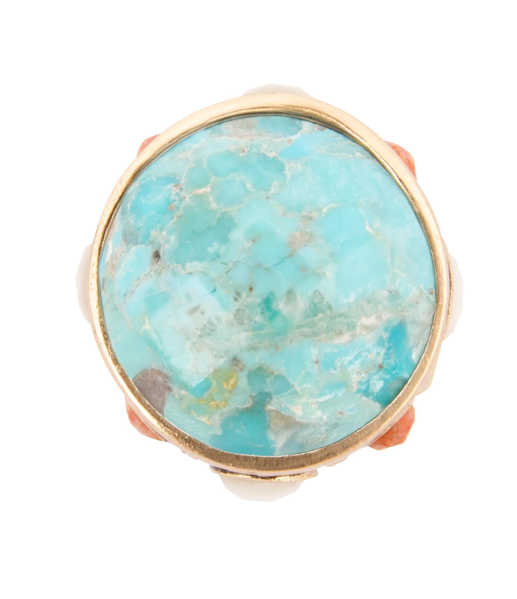 Barse Jewelry Champs Blue turquoise and coral statement ring with gold accents, featuring bold gemstone design and intricate detailing