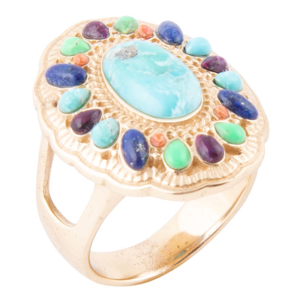 Colorful golden statement ring with concho design from Barse Jewelry, featuring vibrant accents and bold style.