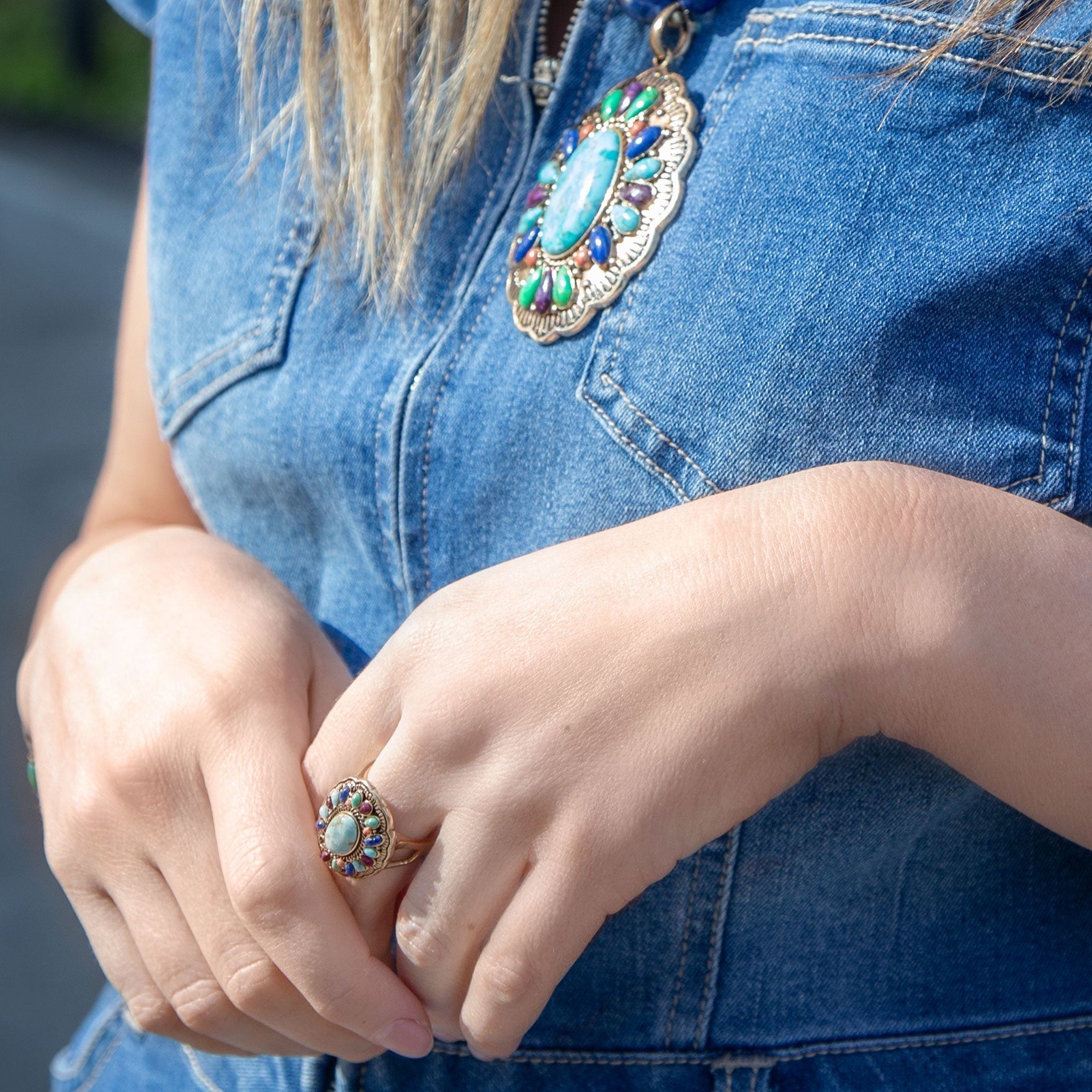 Colorful golden statement ring with concho design by Barse Jewelry, featuring vibrant patterns and intricate detailing.