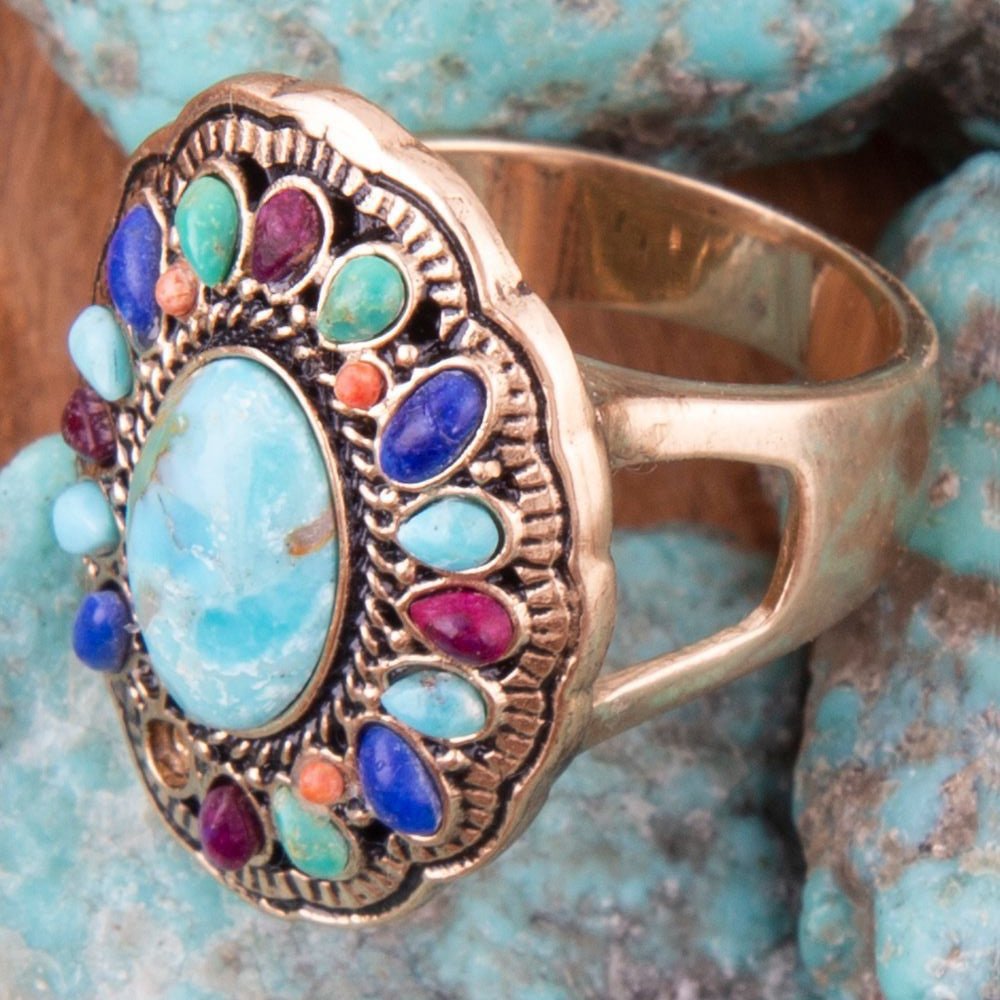 Colorful golden statement ring with concho design by Barse Jewelry, featuring vibrant accents and intricate detailing.