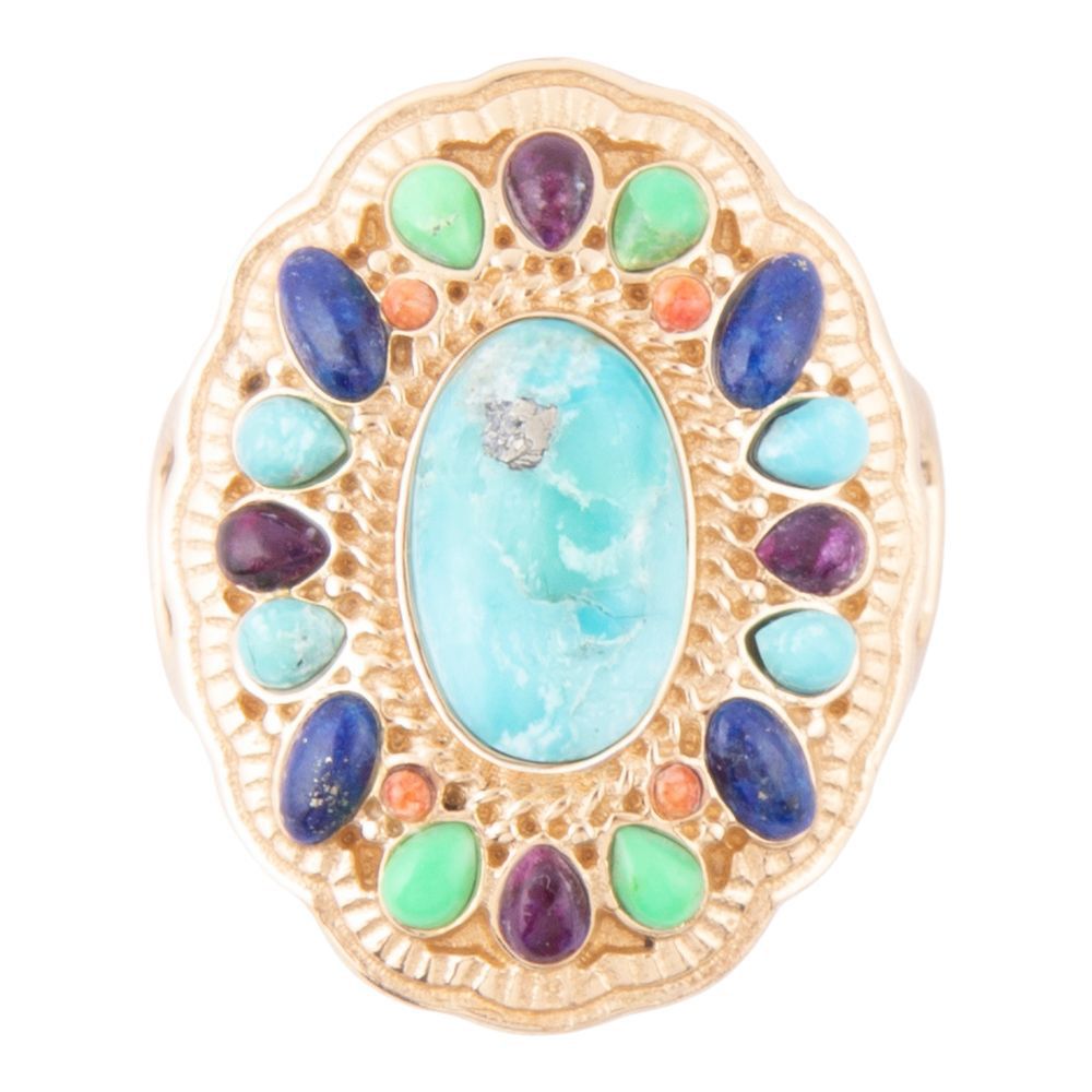 Colorful golden statement ring with concho design from Barse Jewelry, showcasing vibrant details and bold style.