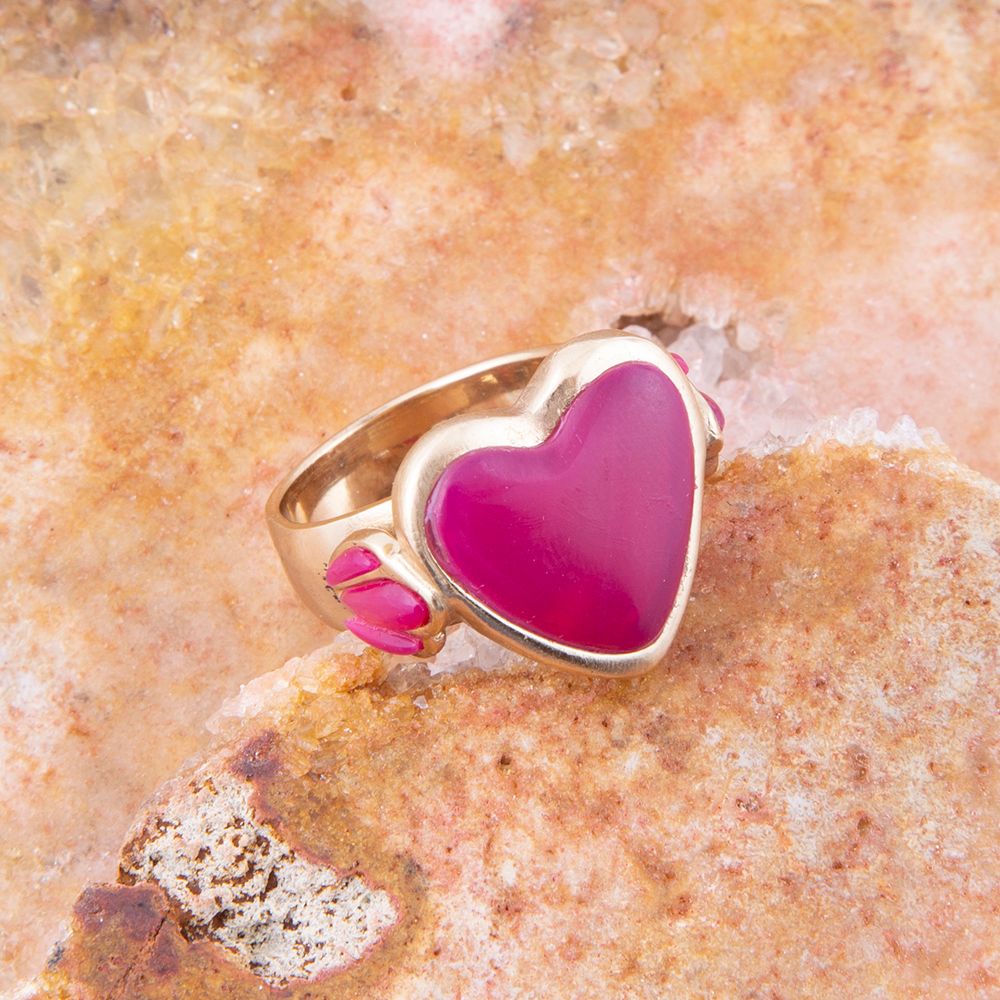 Pink Agate Heart Statement Ring – Boho Gemstone Ring in Gold