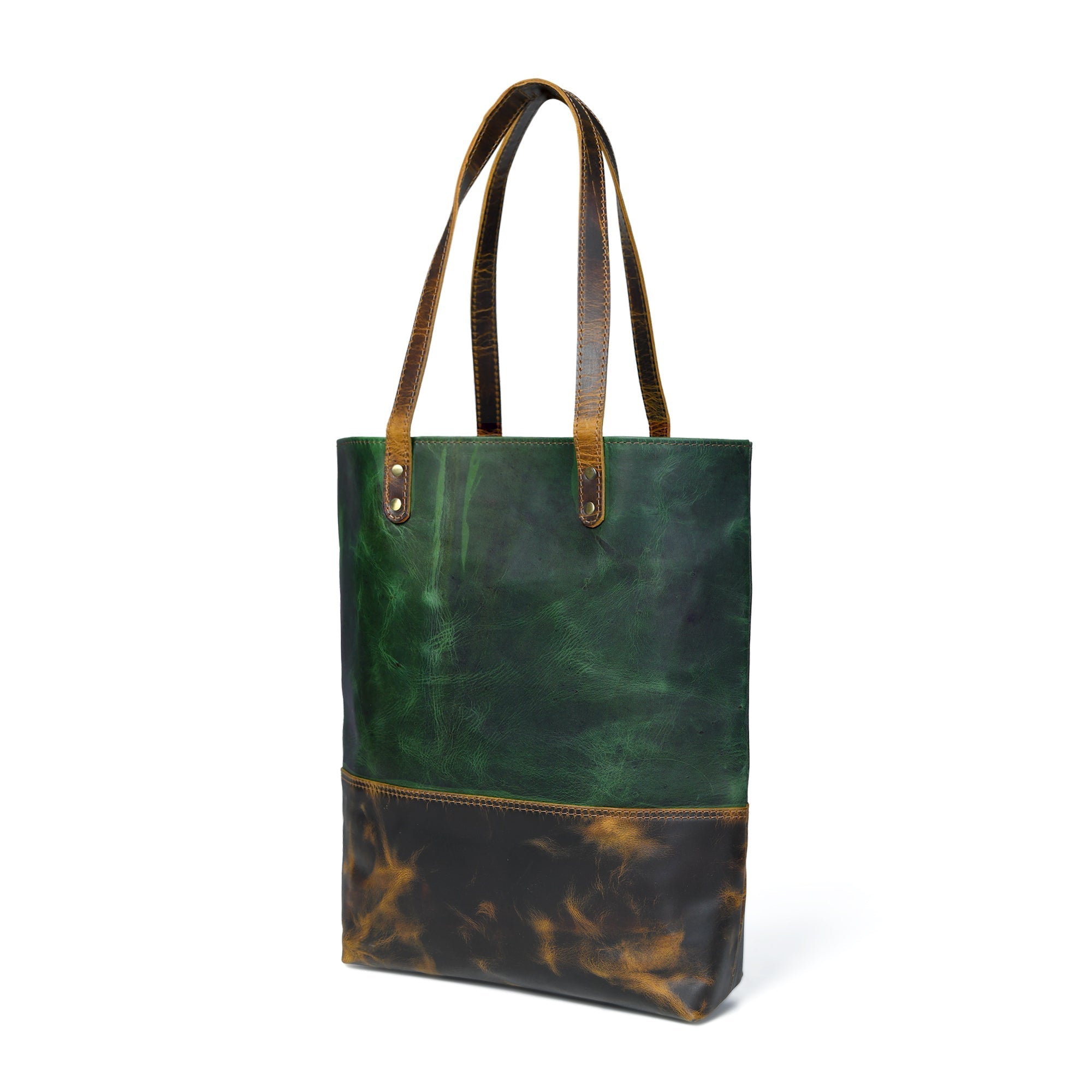 Green women's leather tote handbag with sturdy handles and spacious interior from Classy Leather Bags.