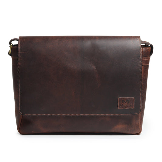 Genuine Sitka leather messenger bag from Classy Leather Bags with adjustable strap and multiple compartments for laptops and accessories.