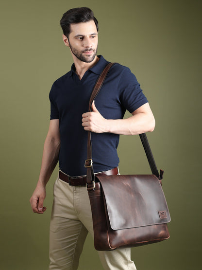 Genuine Sitka leather messenger bag from Classy Leather Bags, featuring a sleek design and sturdy shoulder strap.