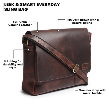 Genuine Sitka leather messenger bag from Classy Leather Bags with adjustable strap and multiple compartments for laptops and accessories.