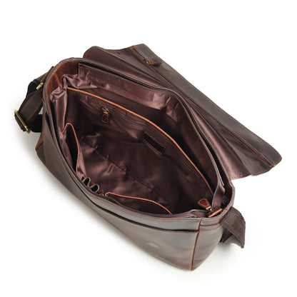 Genuine Sitka leather messenger bag by Classy Leather Bags with adjustable shoulder strap and multiple compartments for laptops.