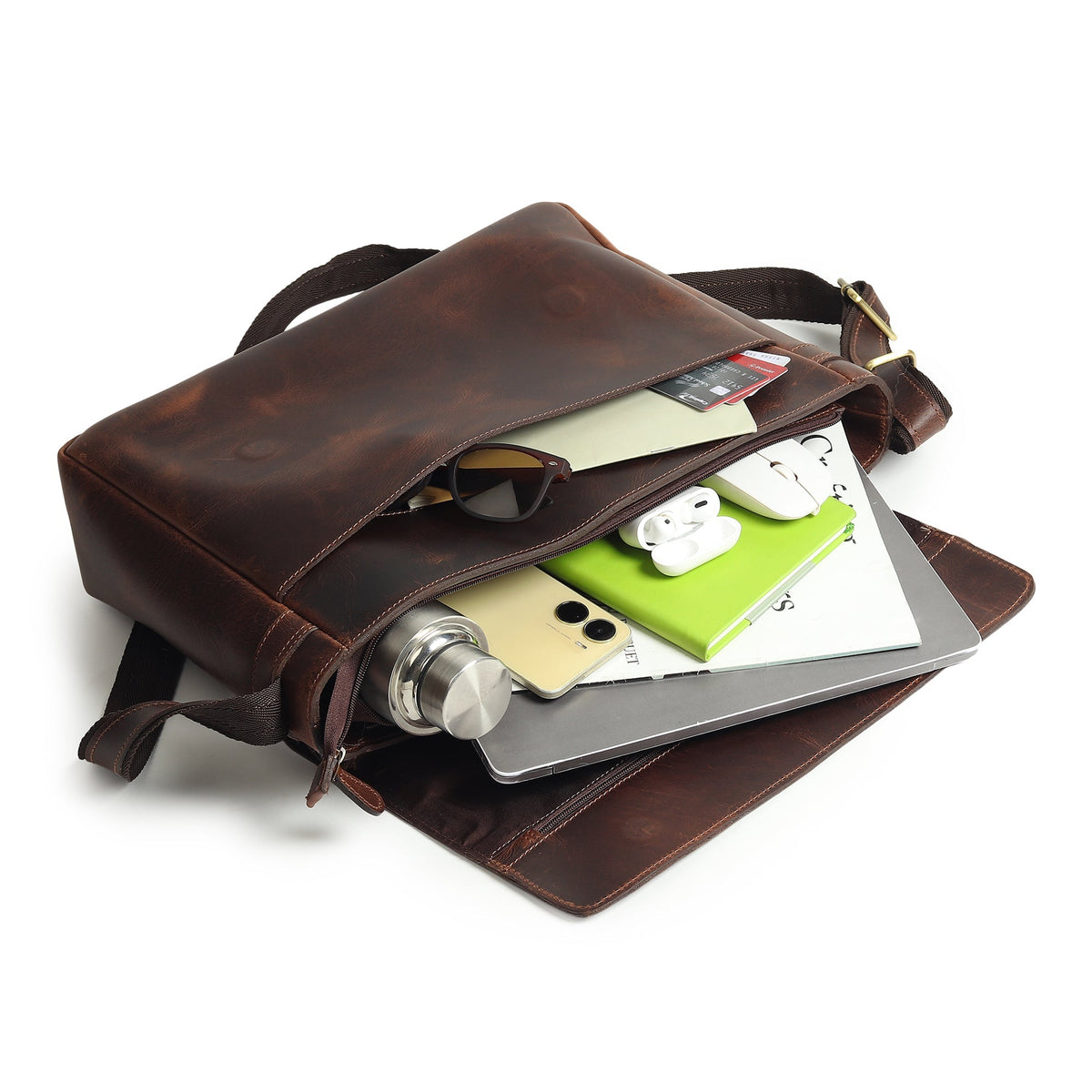 Genuine Sitka leather messenger bag by Classy Leather Bags, featuring a sleek design with sturdy straps and a spacious interior.