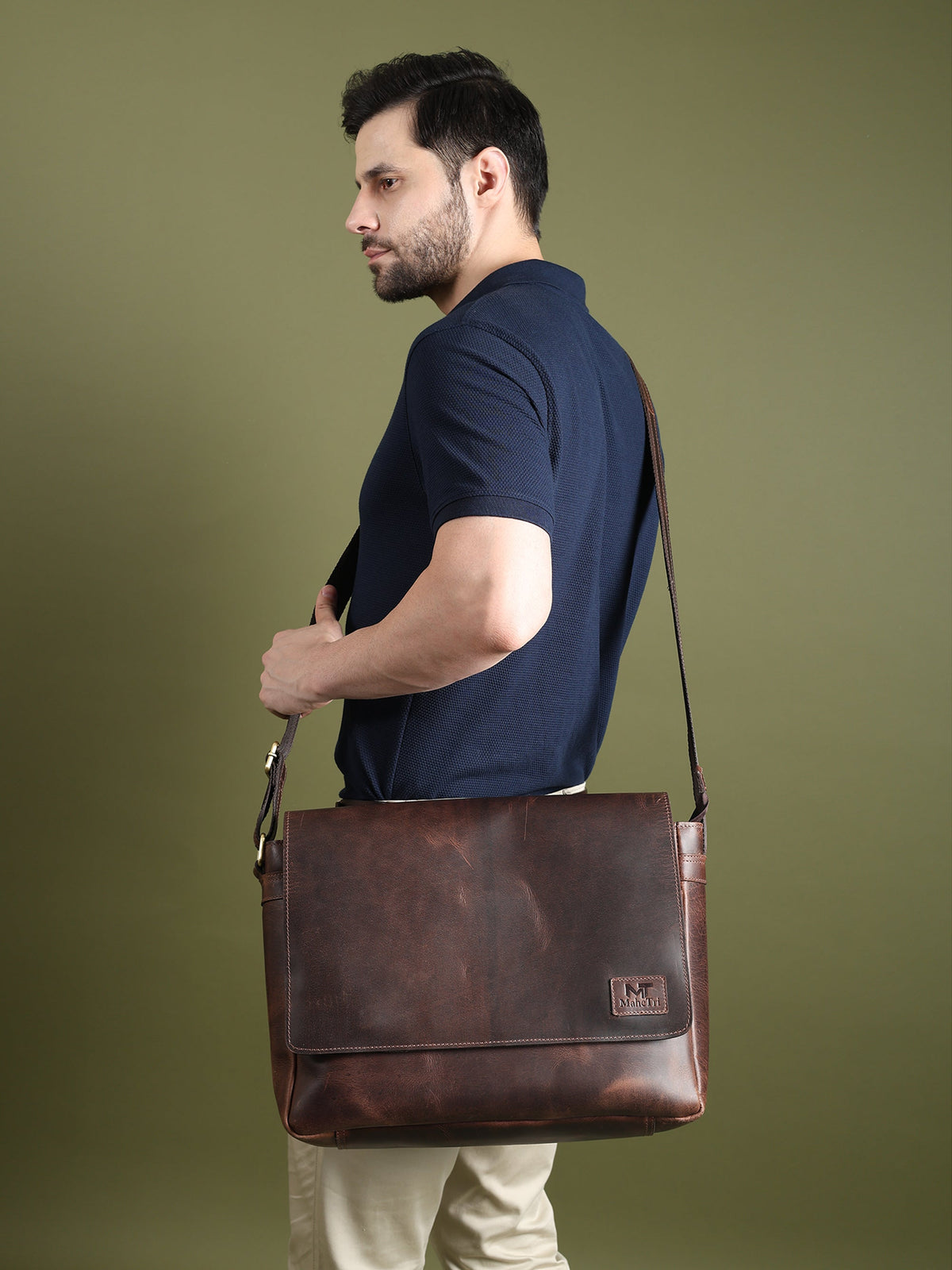 Genuine Sitka leather messenger bag by Classy Leather Bags, featuring a sleek design with a flap closure and adjustable shoulder strap.