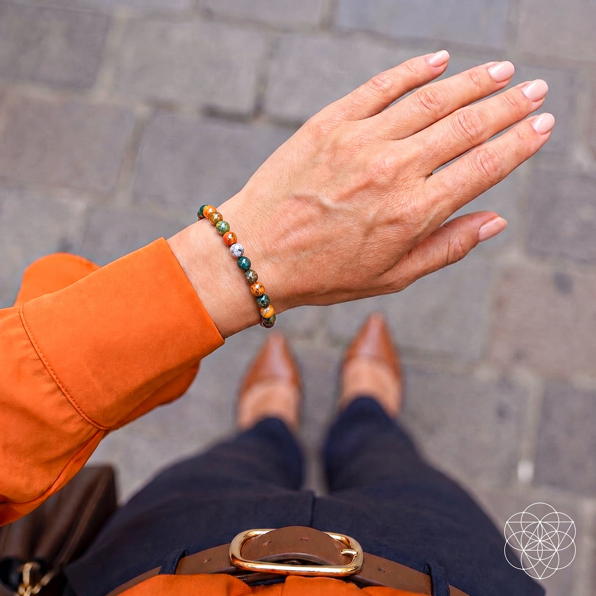 Conscious Items Quiet My Mind Ocean Jasper bracelet with 6mm beads, showcasing smooth, polished ocean-colored gemstone bracelet.