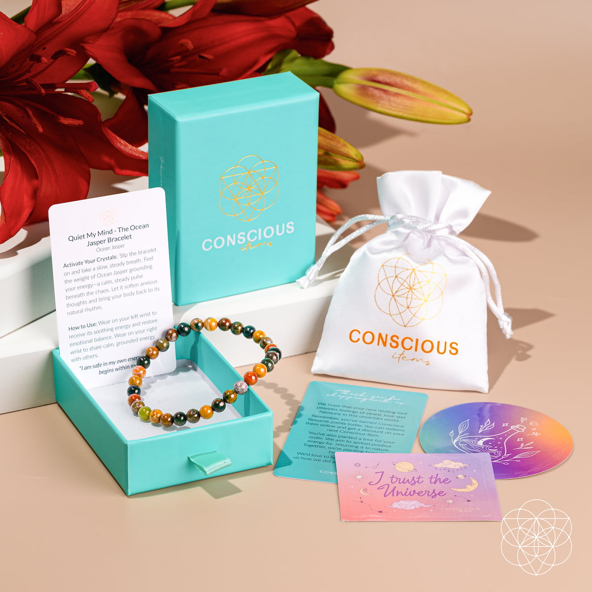 Conscious Items Quiet My Mind Ocean Jasper bracelet with 6mm beads, featuring natural ocean-colored stone and adjustable cord.