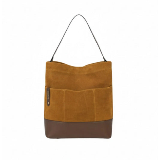 R. Riveter Doyle bag in mustard suede and saddle brown leather with sturdy handles and minimalist design.